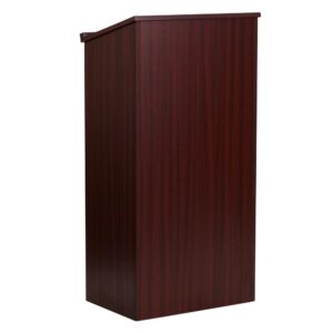 Make your guest speaker feel welcome with a well-built standing lectern with shelving. This mahogany finish floor lectern can be permanently positioned in your school's auditorium or brought out for special guest speakers. Create a space for guests to sign in at reception dinners or use as a hostess station when greeting customers in your restaurant. The shelf can hold menus or brochures. Podiums are a staple in the Church
