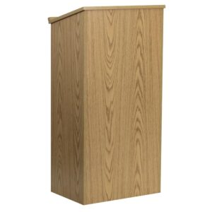 Make your guest speaker feel welcome with a well-built standing lectern with shelving. This oak finish floor lectern can be permanently positioned in your school's auditorium or brought out for special guest speakers. Create a space for guests to sign in at reception dinners or use as a hostess station when greeting customers in your restaurant. The shelf can hold menus or brochures. Podiums are a staple in the Church