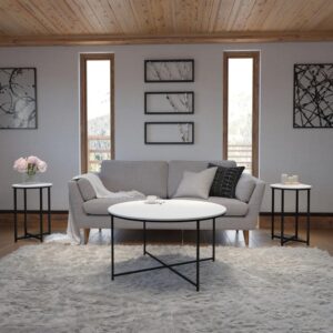 polished look of this 3 piece mixed media coffee table set. Featuring white engineered wood tops