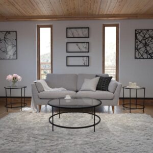 polished look with this 3 piece clear glass coffee table set with matte black steel legs. This living room table set successfully marries the beauty of glass with the strength of steel that makes a definite statement. The round tops and frames contrast with the vertical legs to provide a contemporary look that's sure to tie any trendy room's presentation together. Whether you have a spacious modern home or a one bedroom apartment this round coffee table set will fit right in. The round design is perfect for an L-shaped sectional in the living room