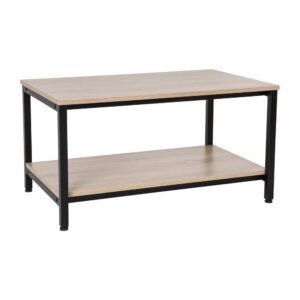 Refresh your current home or business or add a modern edge to your new space with this updated coffee table. This rectangular coffee table blends in almost any decor and features a lower shelf for added storage with style. The mixed media design is a definite upgrade and is ideal for multiple spaces from living rooms to hotel lobbies. Strength and durability are evident in the composition of this coffee table. Smoothly textured engineered wood in a smooth driftwood finish rests on a powder coated black steel tube base. Metal screw reinforcements allow this table to accommodate up to 100 lbs. static weight capacity. Assemble your new coffee table in 30 minutes or less with included materials. Maintain the appearance of this display table easily by wiping with a dry cloth to remove spills and dust. Adjustable plastic floor glides protect your hard flooring surfaces.