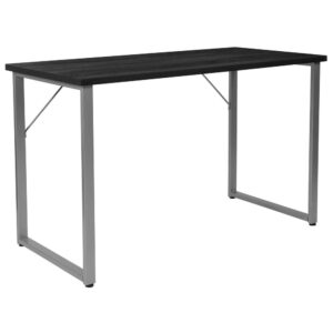Relaxed design meets simplicity of function in this large surface writing desk that provides ample space for your laptop and writing materials. A black laminate finish top provides a visually striking contrast to the silver powder coated frame adding a touch of sophisticated style. This desk provides a great option for managing daily household bills or for casual computer usage. The clean