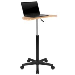Zip around with ease with this handy little desk that can be used while working on your laptop or as a speakers' lectern. It features a half-moon shaped desktop in a maple laminate finish that's height adjustable
