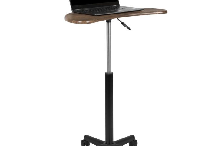 Zip around with ease with this handy little desk that can be used while working on your laptop or as a speakers' lectern. It features a half-moon shaped desktop in a Rustic Walnut laminate finish that's height adjustable