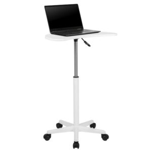 Zip around with ease with this handy little desk that can be used while working on your laptop or as a speakers' lectern. It features a half-moon shaped desktop in a white laminate finish that's height adjustable