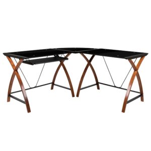 This glass l-shaped computer desk offers a great solution for the user who keeps multiple projects open or needs the extra space to accommodate all their work needs. It features 2 black tempered glass desk surfaces and corner surface that connects them
