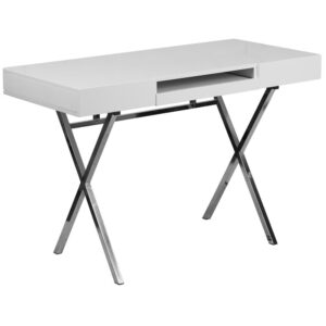 Make a bold statement with this brilliant computer desk boasting a glossy white finish and a shiny chrome crisscross leg design. This desk features two box drawers for storing small