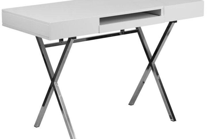 Make a bold statement with this brilliant computer desk boasting a glossy white finish and a shiny chrome crisscross leg design. This desk features two box drawers for storing small