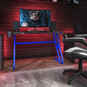 Add personality to your gaming setup with this ergonomic gaming desk with sleek blue frame. For excitable players