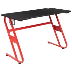 Add personality to your gaming setup with this ergonomic gaming desk with sleek red frame. For excitable players