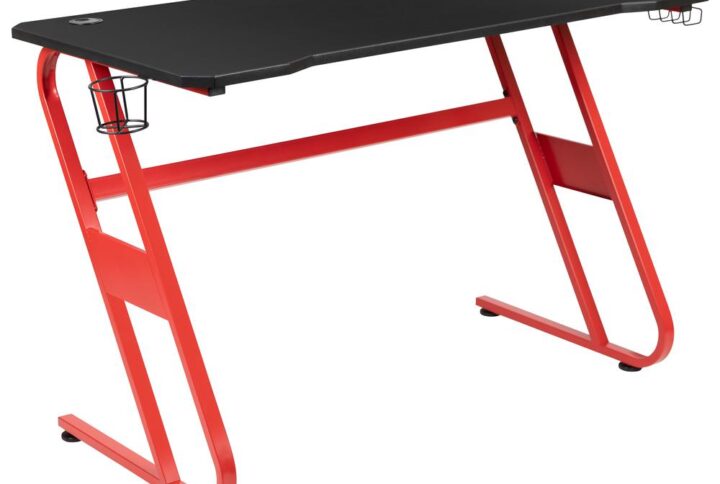 Add personality to your gaming setup with this ergonomic gaming desk with sleek red frame. For excitable players