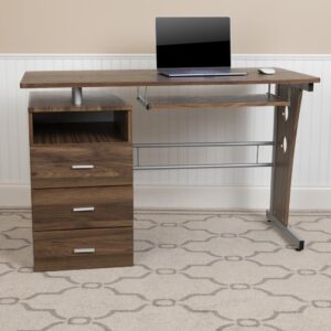 this computer desk packs in a lot while maintaining a small footprint. You'll have plenty of space on this storage desk for your laptop