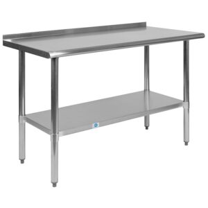 hotels and restaurants. This versatile steel table can be placed against a wall or used as a freestanding kitchen island. The 1.5" backsplash helps keep your walls free of food debris and prevents items from rolling away reducing breakage and waste. Strength and durability are important factors when choosing equipment. Made from quality stainless steel