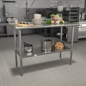 Give yourself some extra space for catering parties or setting up the buffet line at your eatery or bistro and increase functionality in your busy restaurant kitchen with this commercial kitchen prep and work table with adjustable undershelf and backsplash. This steel commercial work table is a great space for bulk food preparation for businesses such as daycares