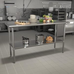 Give yourself some extra space for catering parties or setting up the buffet line at your eatery or bistro and increase functionality in your busy restaurant kitchen with this commercial kitchen prep and work table with adjustable undershelf. This steel commercial work table is a great space for bulk food preparation for businesses such as daycares