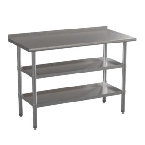 Kitchen space is always at a premium so this commercial stainless steel work table with dual adjustable undershelves and backsplash is an excellent solution. Great for bulk food preparation for businesses such as daycares