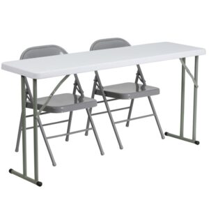 Prepare your learning center with this training table and chair set. This 3-piece folding table and chair set includes an 18x60 plastic folding table and two gray metal folding chairs. This table set can be setup as a temporary arrangement due to the folding locking leg mechanisms on the table and the foldable metal chairs. Create a makeshift customer and student intake setup to sign in people before entering the room. The included metal folding chairs are triple braced for strength and can hold up to 300 pounds. Take the guess work out of piecing together a table set with this computer lab training set.