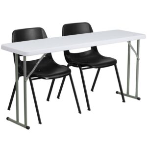 Setup your training room with this 18x60 plastic folding table and ergonomically contoured stack chairs. This 3-piece set will furnish your computer labs