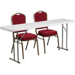 This folding table set will get you started with furnishing your training room. Creating an inviting and comfortable arrangement for your trainees and guests can help you meet your goals for success. This set includes a durable stain resistant plastic folding table and complementary chairs. This setup can be used as a permanent arrangement or easily be stored away for occasional usage. So take the guess work out of piecing together a table set with this 3 piece table setup.