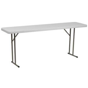 Fill that new designated training room with this narrow rectangular plastic folding table. The space saving design can fit multiple tables in small and large rooms making it the perfect training style table for any classroom or training facility. Have people pick up test packets and informational pamphlets on this perfectly sized folding table. Cleanup is simple on this durable