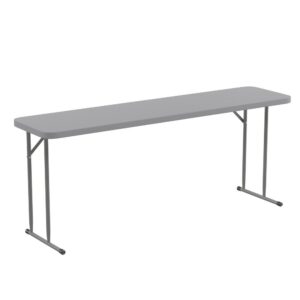 Fill that new designated training room with this narrow rectangular plastic folding table. The space saving design can fit multiple tables in small and large rooms making it the perfect training style table for any classroom or training facility. Have people pick up test packets and informational pamphlets on this perfectly sized folding table. Cleanup is simple on this durable