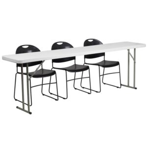 Setup your training room with this 18x60 plastic folding table and ergonomically contoured stack chairs. This 4-piece set will furnish your computer labs