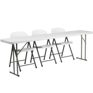 Prepare your learning center with this training table and chair set. This 4-piece folding table and chair set includes an 18x96 plastic folding table and three plastic folding chairs. This table set can be setup as a temporary arrangement due to the folding locking leg mechanisms on the table and the foldable plastic chairs. Create a makeshift customer and student intake setup to sign in people before entering the room. The included white folding chairs with charcoal frame finish can hold up to 330 pounds. Take the guess work out of piecing together a table set with this computer lab training set.