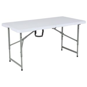 pamphlets and other materiel? This portable center fold table with carrying handle is what you need and has an easy to clean surface. Traveling artists who host paint and sip parties in various locations find this table easy to setup and travel with. Add this 24x48 height adjustable bi-fold plastic folding table to your craft and sewing room as it can adjust to your needs. This 4 foot plastic folding table is ideal for traveling reps