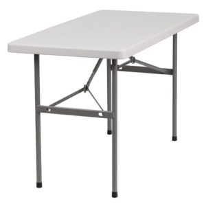 Having a plastic folding table on hand pays for itself in no time if you love hosting regular dinner and social activities at your home. The 24x48 plastic folding table is perfectly sized for game night with the family and can be stored away afterward. Setup permanently in your arts and crafts room to get back to your project at will without having to break down nightly. With an easy to clean granite white surface you can pick up spills and get back to the fun. When you're ready to store the legs lock underneath the top for better portability and flat storage. As a traveling caterer having folding tables on hand to display your latest creations are a must. With a multitude of uses foldable tables are the most convenient choice for your home or business.