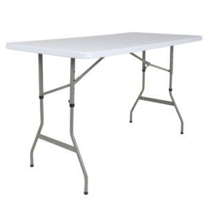 candle making classes or to store your supplies on that can double as a dining room table for extra guests? This 4.94' long plastic folding table accommodates up to 6 people and adjusts to meet different seat heights to become a great fit in your home for everyday or temporary use. Built for commercial use this heavy-duty folding table makes appearances in restaurants