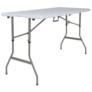 sell your accessories and products at the next Women's Expo or Men's Expo with this portable folding table. This 5' long banquet table accommodates up to 6 people and can help you seat extra dinner guests during parties and holiday gatherings. Built for commercial use this heavy-duty folding table makes appearances in restaurants