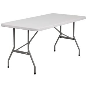 Rectangular folding tables are essential to anyone who setup displays to promote their products or hosts parties regularly. This 5' long banquet folding table fits well in classrooms for team building exercises and computer lab work. The table can fit up to 6 people for collaborative learning sessions among students. This commercial grade folding table is often used in banquet halls