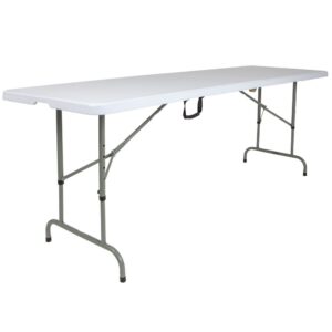 you'll have plenty of space on this 8' long centerfold table. This event folding table accommodates up to 10 adults to throw big birthday parties and host baby showers. This ready to use table is commercial grade and is often used in restaurants