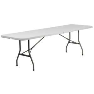 If you attend trade shows and have catalogs and products to display this portable folding table with carrying handle will make your life a little easier. Have your table standout at expos by draping a floor length table cover over the table and offering sweets to engage people as they walk by. After events the legs lock into place underneath the top and folds in half to transport with less effort. Be unbothered when your relatives invite additional friends to the barbecue