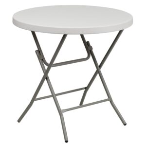 This petite folding table is the perfect accompaniment to your camper lifestyle. Pull out this portable table while riding in the RV or camper or wait until you get to your designation to enjoy your dinner outside. The 2.67' round table surface accommodates up to 3 adults. Have this mini table around for card games or as your designated snack and drink table when you have guests over. The legs fold flat to transport and store away. This event table can be used outdoors during good weather must be stored indoors. This table offers a solution to accommodate small items without taking up a lot of floor space.