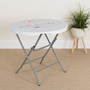 This petite folding table is the perfect accompaniment to your camper lifestyle. Pull out this portable table while riding in the RV or camper or wait until you get to your designation to enjoy your dinner outside. The 2.67' round table surface accommodates up to 3 adults. Have this mini table around for card games or as your designated snack and drink table when you have guests over. The legs fold flat to transport and store away. This event table can be used outdoors during good weather must be stored indoors. This table offers a solution to accommodate small items without taking up a lot of floor space.