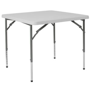 It's game time when you pull this adjustable folding table out. This square plastic folding table is the perfect game table to seat 4 people for card and board games. This compact table can serve multiple uses in the hospitality industry