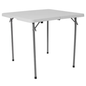 It's game time when you pull this folding table out that folds in half and includes a carrying handle to take with you anywhere. This square plastic folding table is the perfect game table to seat 4 people for card and board games. This compact table can serve multiple uses in the hospitality industry