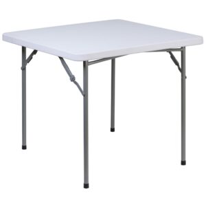 It's game time when you pull this folding table out. This square plastic folding table is the perfect game table to seat 4 people for card and board games. This compact table can serve multiple uses in the hospitality industry