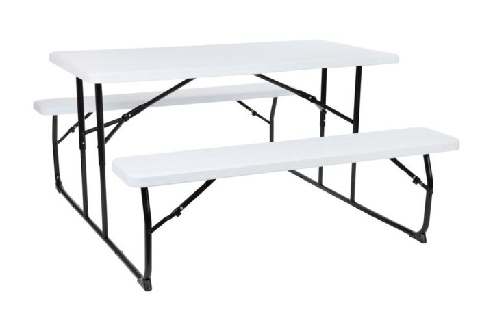 Make any day a picnic with this all-in-one foldable table and bench set. The collapsible picnic table folds flat to store during extreme wet weather. If you enjoy camping and need a full-size seating solution this portable folding picnic table can be used on the go. This foldable picnic table is constructed with quality material from high-density plastic to the all-weather steel frame that supports up to 661 static weight capacity. The textured surfaces are stain and water-resistant to enjoy year-round. The exquisite wood grain finish makes this table look high-end. This picnic style table can be used in the backyard