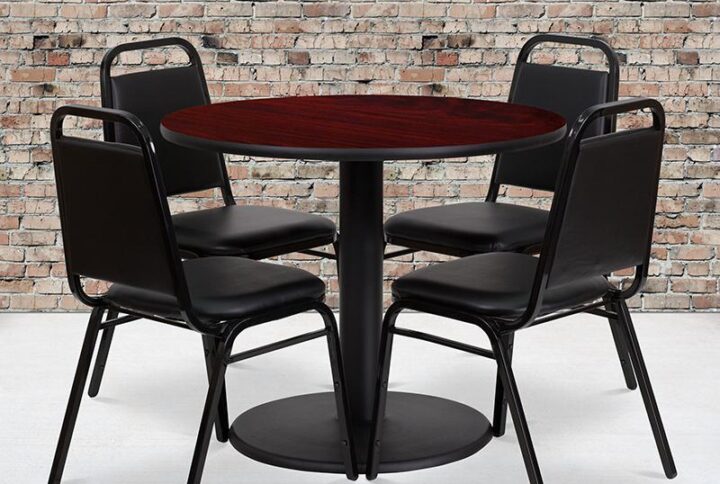 Don't have time to search through hundreds or thousands of table and seating options? This complete Banquet Table and Chair set saves you time to focus on your growing business. This set includes an elegant Mahogany Laminate Table Top