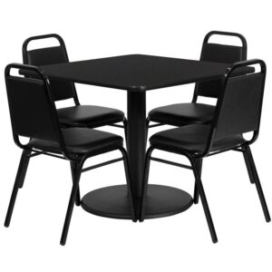 Round Base and 4 Black Banquet Chairs that have a 500 lb. capacity rating to accommodate all users. Surface is heat