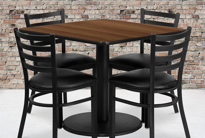 Don't have time to search through hundreds or thousands of table and seating options? This complete Banquet Table and Chair set saves you time to focus on your growing business. This set includes an elegant Walnut Laminate Table Top