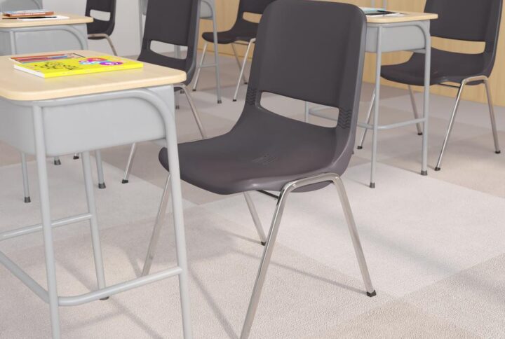 Optimize student's comfort with an ergonomically contoured seat shell student chair with waterfall seat edge. Having comfortable seating in the classroom help students pay more attention to their teacher when not having to move around due to discomfort. The one-piece molded seat shell has a vented back to provide airflow not found on solid back classroom chairs. With a 17.5" seat height you'll cater to high school and adult education centers. These school stack chairs are built to last with a dual braced frame that can hold up to 880 pounds. School maintenance workers can appreciate student chairs that can stack for floor upkeep