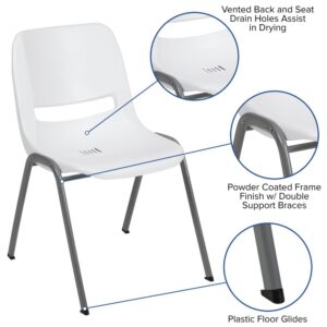 provide comfortable seating in your classroom or training room with these popular ergonomic plastic stack chairs. These student stack chairs are favorable in classrooms due to their ergonomic seat shell and lightweight design to move easily around the classroom. The ergonomic comfort-formed shell has a waterfall edge to reduce leg pressure and an air-vented lower back. Plastic chairs are easy to clean for high traffic environments. Spills in the seat drain through the drain holes to prevent water pooling. These stackable school chairs may be used outdoors for school events