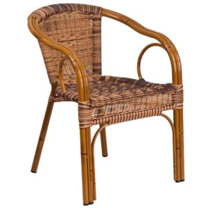 Add pizzazz to your indoor or outdoor space with this lovely crafted chair! This chair features a lightweight aluminum frame that replicates the look of bamboo with skillfully woven brown rattan seating. The curved back along with the rattan seating assists in keeping you comfortable. Cross braces provide extra stability. The protective plastic feet prevent damage to flooring. The frame is designed for all-weather use making it a great option for indoor and outdoor settings. For longevity