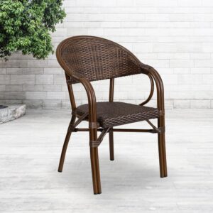 Add pizzazz to your indoor or outdoor space with this lovely crafted chair! This chair features a lightweight aluminum frame that replicates the look of bamboo with skillfully woven cocoa rattan seating. The curved back along with the rattan seating assists in keeping you comfortable. Cross braces provide extra stability. The protective plastic feet prevent damage to flooring. The frame is designed for all-weather use making it a great option for indoor and outdoor settings. For longevity