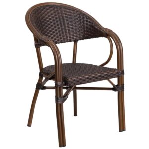 Add pizzazz to your indoor or outdoor space with this lovely crafted chair! This chair features a lightweight aluminum frame that replicates the look of red bamboo with skillfully woven dark brown rattan seating. The curved back along with the rattan seating assists in keeping you comfortable. Cross braces provide extra stability. The protective plastic feet prevent damage to flooring. The frame is designed for all-weather use making it a great option for indoor and outdoor settings. For longevity