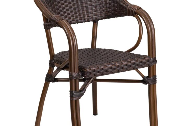 Add pizzazz to your indoor or outdoor space with this lovely crafted chair! This chair features a lightweight aluminum frame that replicates the look of red bamboo with skillfully woven dark brown rattan seating. The curved back along with the rattan seating assists in keeping you comfortable. Cross braces provide extra stability. The protective plastic feet prevent damage to flooring. The frame is designed for all-weather use making it a great option for indoor and outdoor settings. For longevity