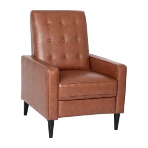 Settle down with your favorite book at home or provide a relaxing seat for guests at your B&B or the waiting room at your office with this modern pushback recliner. Upholstered in soft and durable cognac brown LeatherSoft and boasting a button tufted back